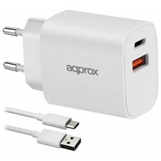 CARGADOR USB DE VIAJE/PARED 1xUSB/USB-C + CABLE USB-A A USB-C 20W BLANCO APPROX-AA1 CARGADOR USB DE VIAJE/PARED 1xUSB/USB-C + CABLE USB-A A USB-C 20W BLANCO APPROX