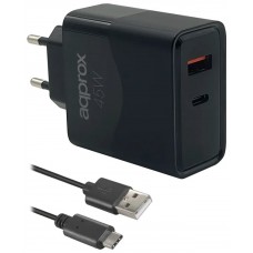 CARGADOR USB DE VIAJE/PARED 1xUSB/USB-C + CABLE USB-A A USB-C 45W NEGRO APPROX-AA3 CARGADOR USB DE VIAJE/PARED 1xUSB/USB-C + CABLE USB-A A USB-C 45W NEGRO APPROX