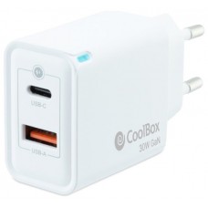 CARGADOR PARED/VIAJE 3.0 GaN USB-C/PD + USB-A 30W BLANCO COOLBOX