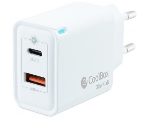 CARGADOR PARED/VIAJE 3.0 GaN USB-C/PD + USB-A 30W BLANCO COOLBOX