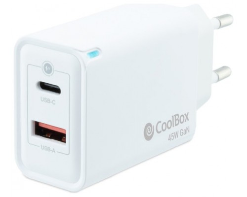CARGADOR PARED/VIAJE 3.0 GaN USB-C/PD + USB-A 45W BLANCO COOLBOX