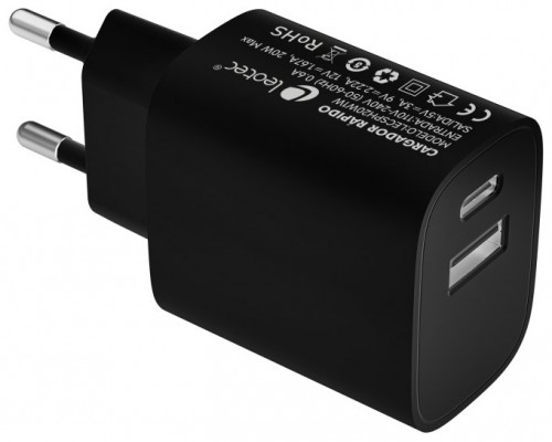 CARGADOR PARED/VIAJE USB-C/PD + USB-A 20W NEGRO LEOTEC