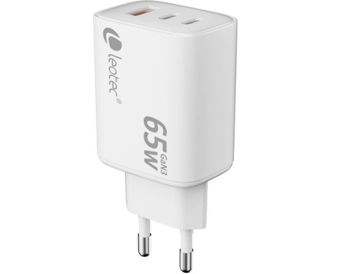 CARGADOR PARED/VIAJE ULTRA SLIM 2xUSB-C/PD + USB-A 65W BLANCO LEOTEC