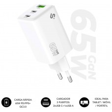 CARGADOR PARED/VIAJE 2xUSB-C +USB-A GaN 65W PD BLANCO SUBBLIM