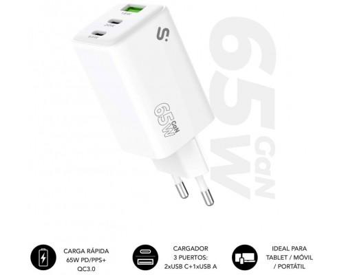 CARGADOR PARED/VIAJE 2xUSB-C +USB-A GaN 65W PD BLANCO SUBBLIM-AA6 CARGADOR PARED/VIAJE 2xUSB-C +USB-A GaN 65W PD BLANCO SUBBLIM